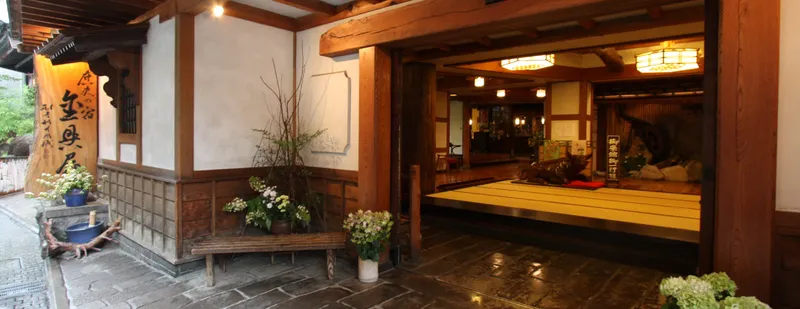 Wooden entrance of Kanaguya ryokan in Shibu Onsen near the Nagano monkey park