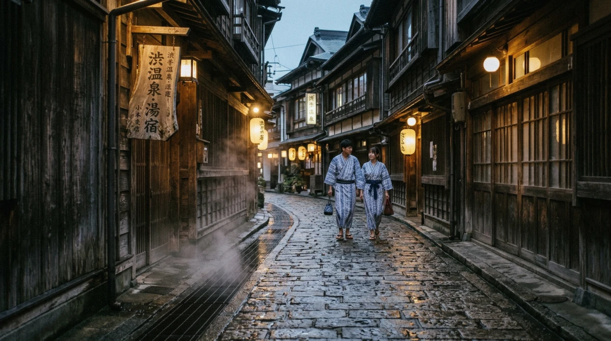 Evening lanterns and steam in the streets of Shibu Onsen, the bathhouse town visited on a Nagano monkey park tour
