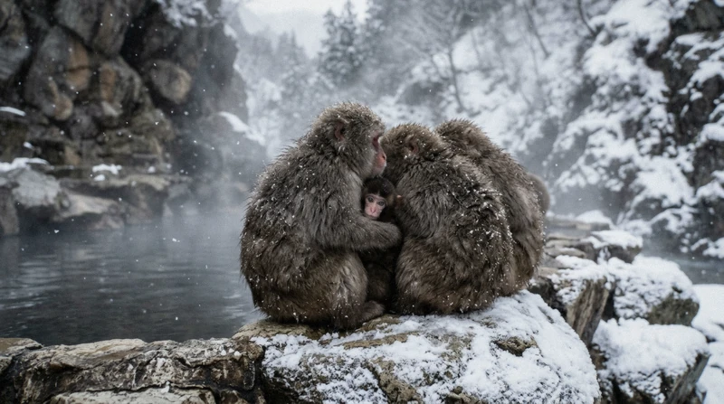 Japanese macaque family huddled in falling snow seen on a snow monkey and Shiga Kogen museum trip from Tokyo