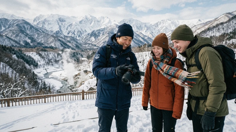 Local guide photographing travelers beside steaming hot spring on a private Nagano winter snow monkey park tour
